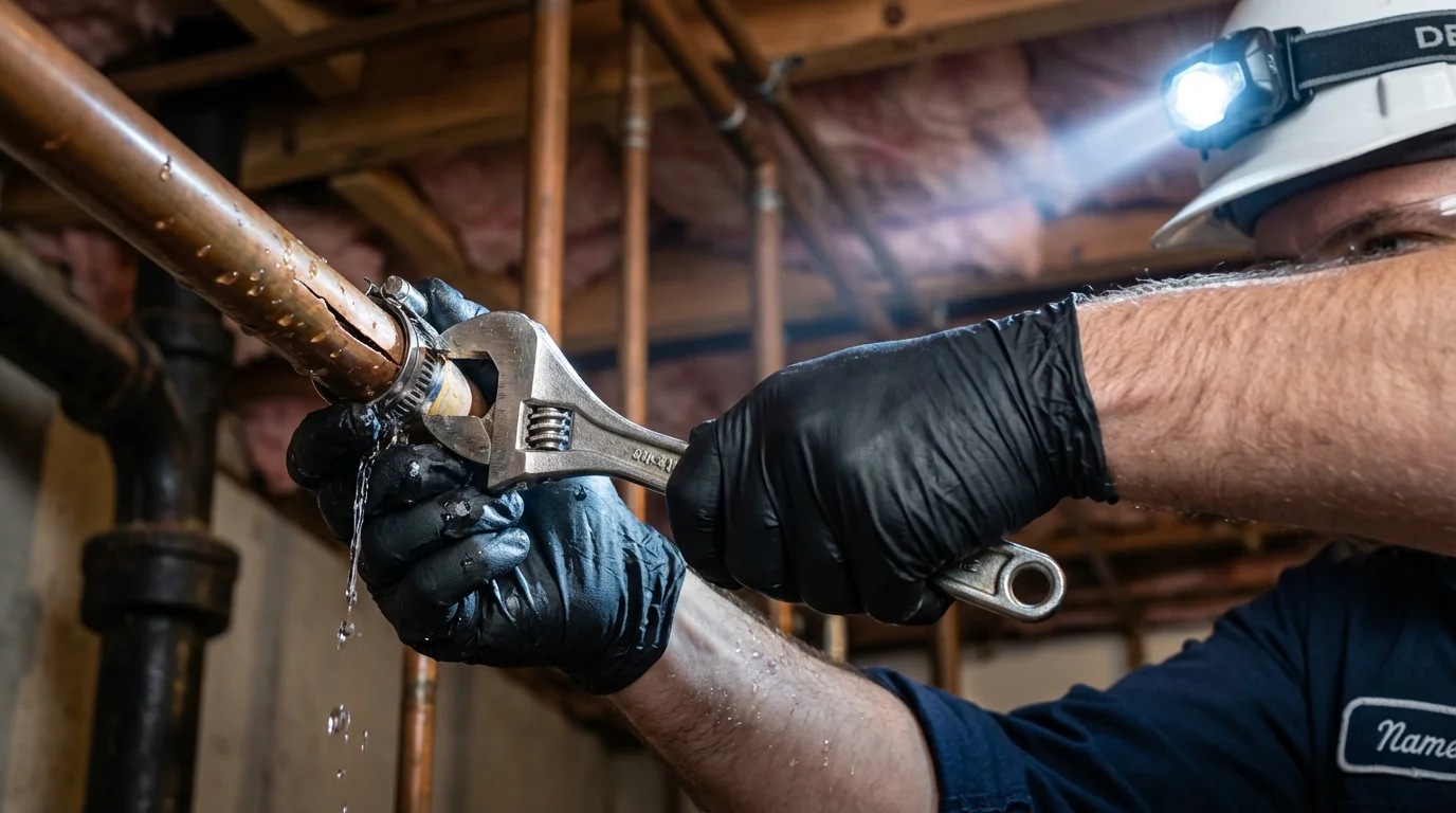 Emergency pipe clamp repair being performed by a Johns Plumbing LLC plumber in Rhinebeck