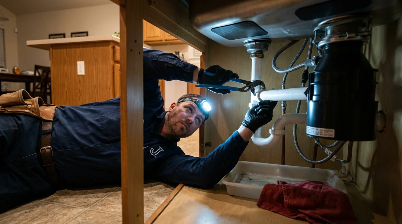 P-trap and supply line connections under a kitchen sink showing a common leak point in Rhinebeck, NY